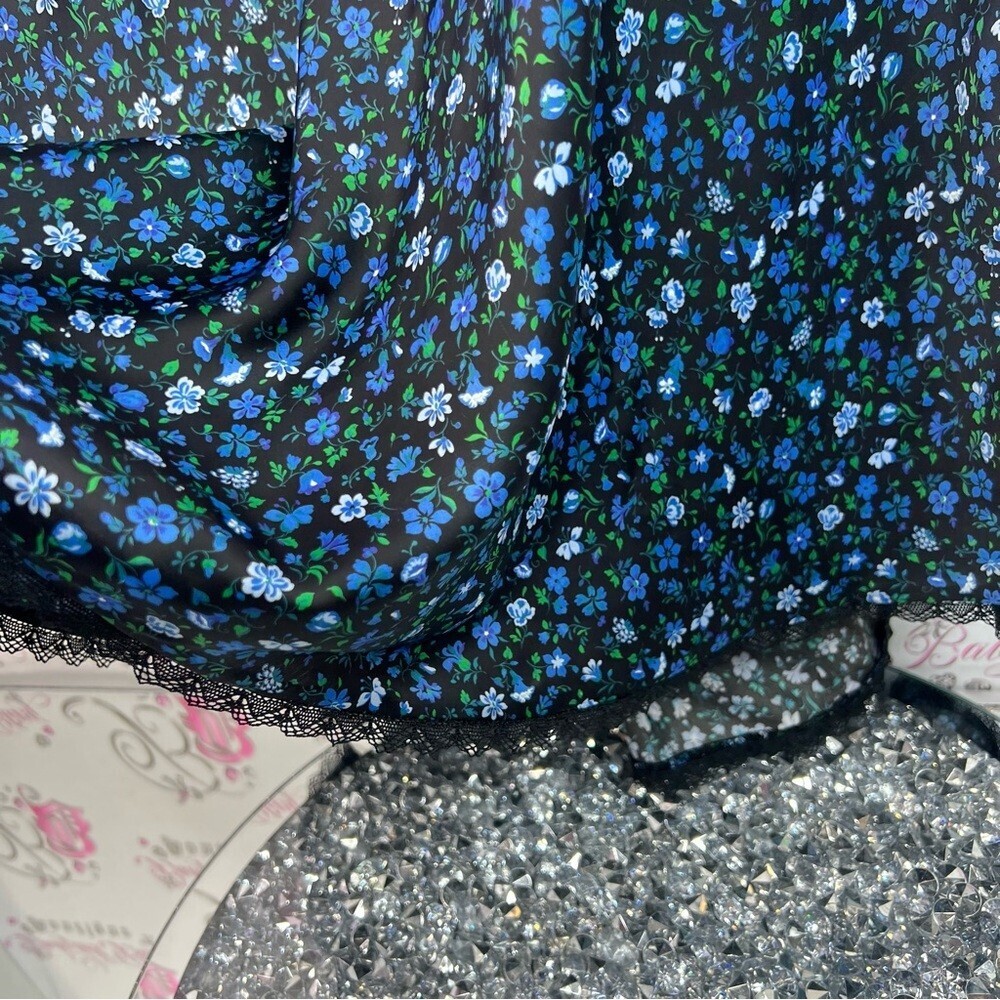 Zara long maxi flowers black Floral Blue Skirt green lace trim bottom hem - Picture 3 of 13